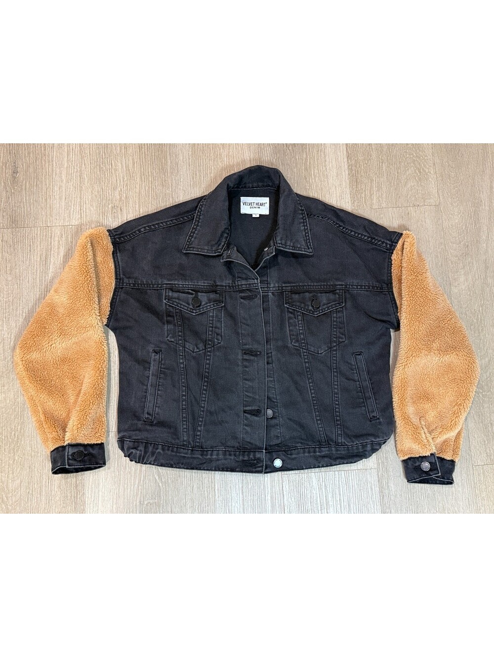 Velvet Heart Denim Cropped Bomber Jacket Small Teddy Sherpa Sleeves Black Tan